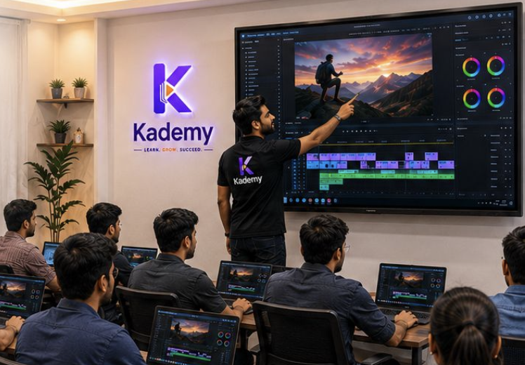 Kademy classroom with students learning video editing on an interactive display board
